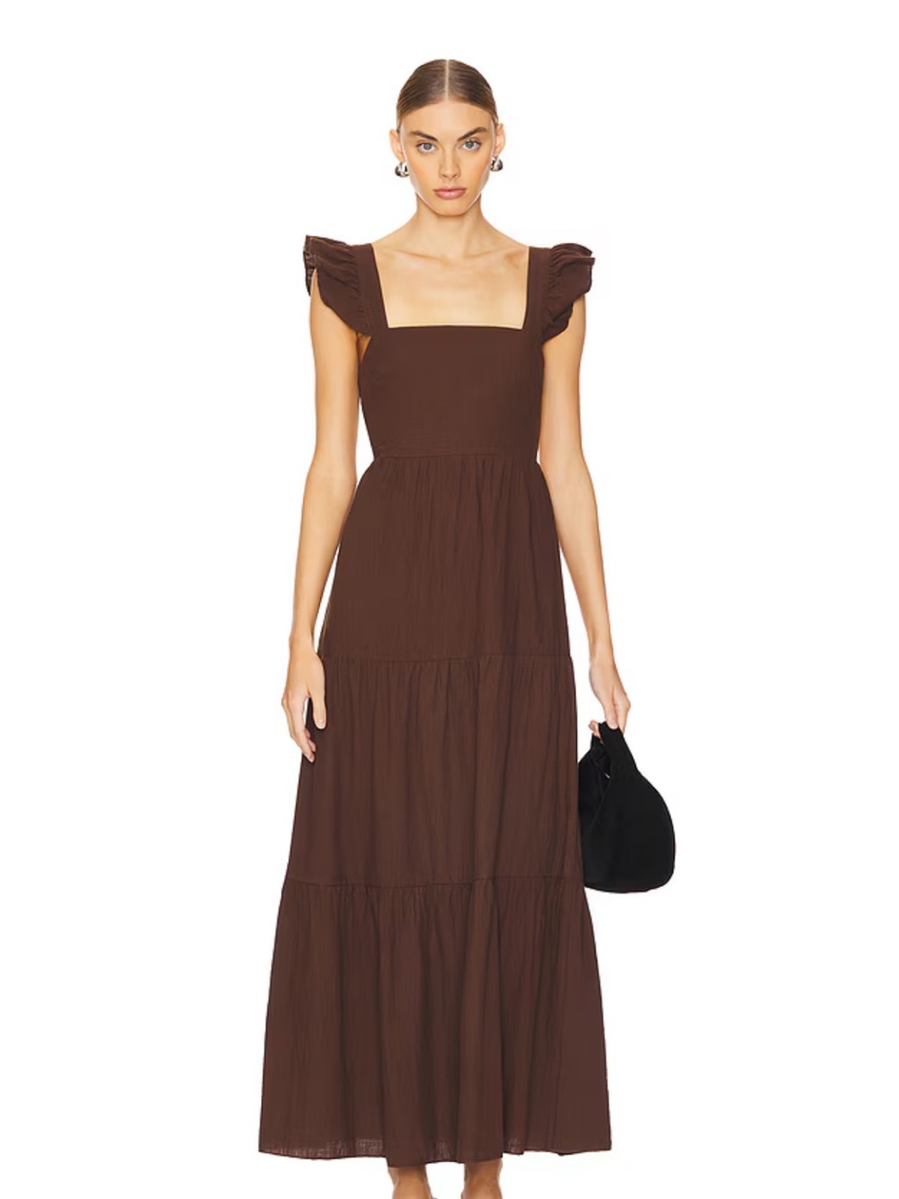 SNDYS. Brown Square-Neck Ruffle Sleeve Maxi Dress